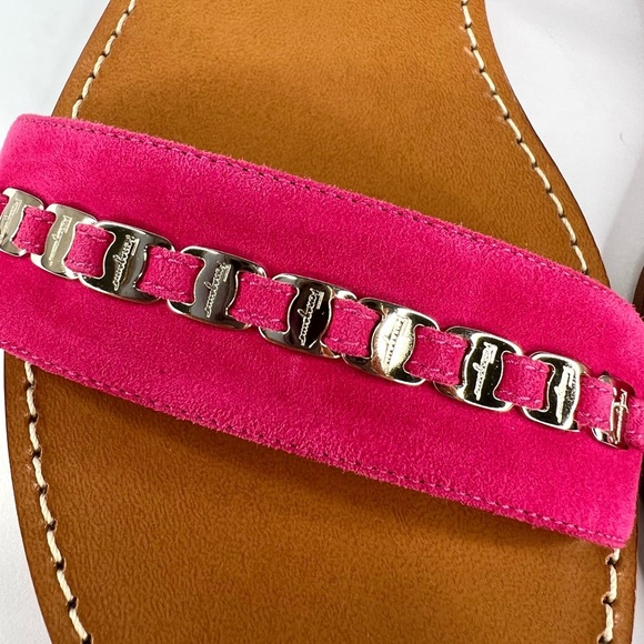Salvatore Ferragamo Tremiti Gancini Chain Logo Pink Suede Ankle Strap Sandals 7 - Picture 4 of 13